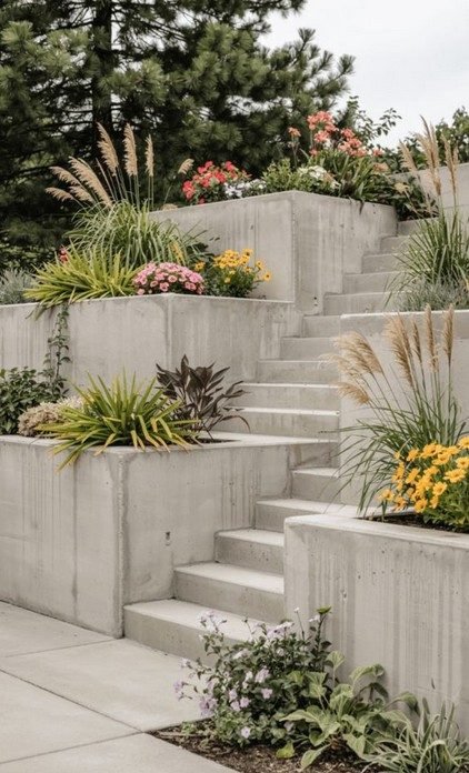 Concrete stair planters with maintained planting